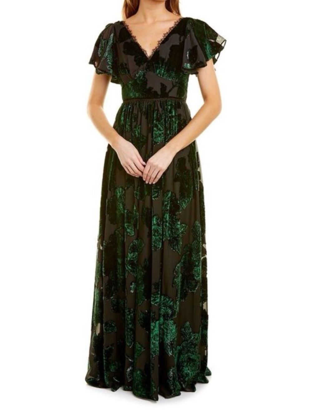 NWT Marchesa Notte Velvet Burnout Lace Metallic Maxi Gown in Emerald Size 6